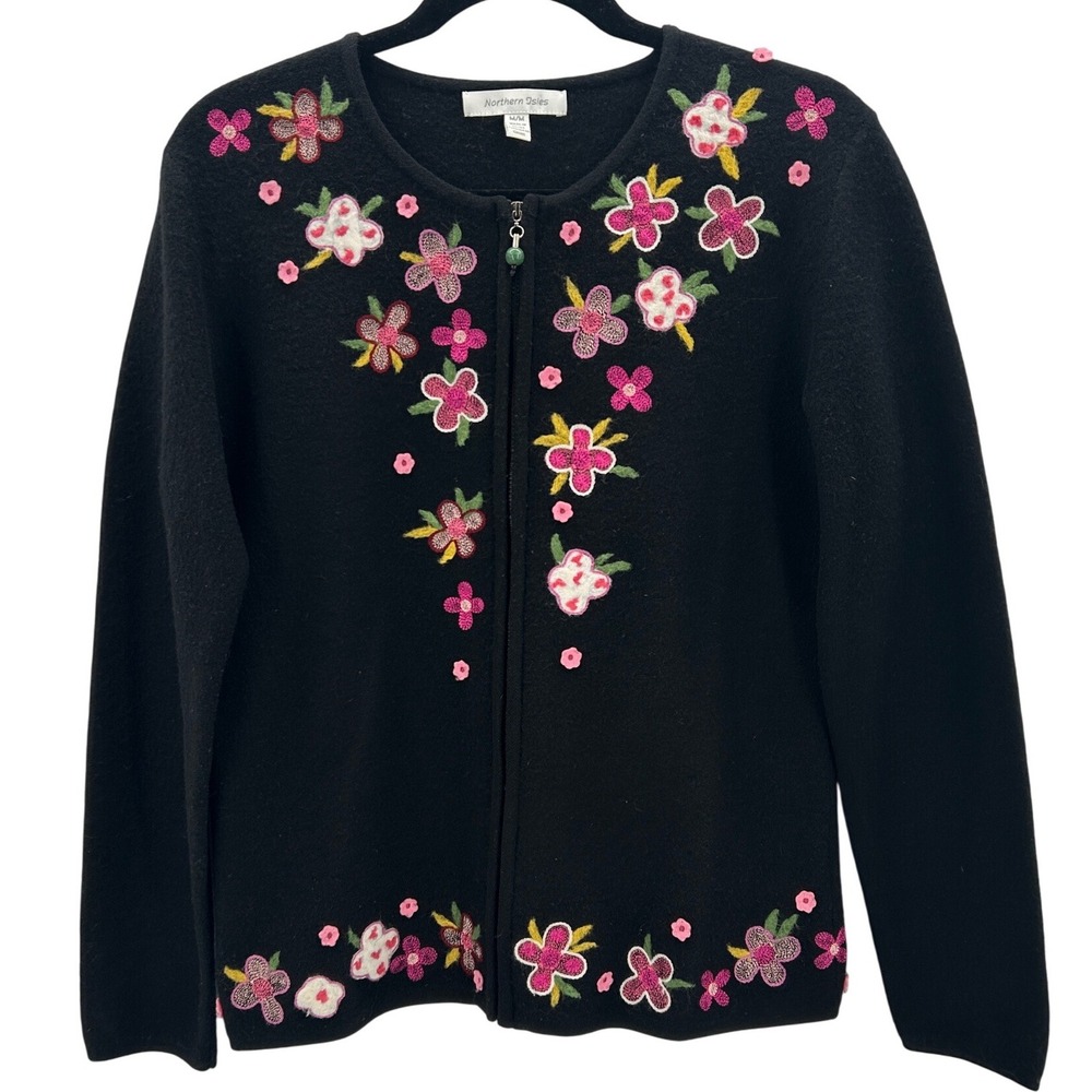 Northern Isles Wool Black‎ Floral Embroidered Zip Up Cardigan Sweater Women Med